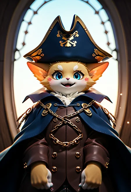 zuppu11, animal, blue eyes, cape, yellow cat, chain, flag, furry, furry male, no humans, open mouth, pirate, pirate hat, score_9, score_8_up, score_7_up, zPDXL3, looking at viewer, solo, cute, 3d, sidelighting, backlighting, depth of field and lens flare, zPDXL3, digital art, highly detailed, detailed background, blushing, body fur, Expressiveh