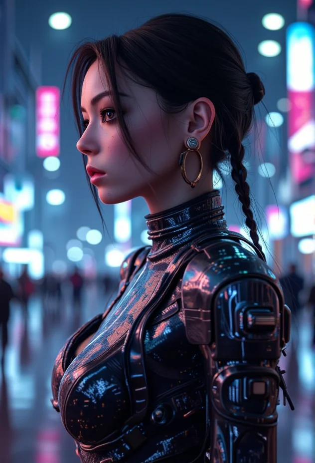 A medium shot of a cyberpunk character in a bustling neon cityscape . The scene is highly detailed and realistic, capturing the essence of cyberpunk aesthetics, with intricate elements like atmospheric lights.<lora:bv-cybstyenh-v1.safetensors:1.0:1.0>