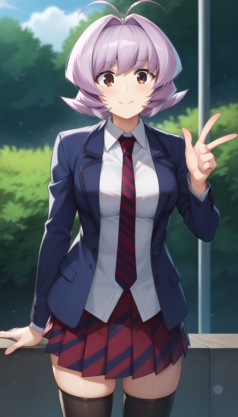 score_9,score_8_up,score_7_up,score_6_up BREAK official art,solo,outdoors,cowboy shot,looking at viewer,facing viewer,smile,blush,Osana Najimi,antenna hair,short hair,light purple hair,hair intakes,bangs,brown eyes,school uniform,blue jacket,blazer,collared shirt,white shirt,red necktie,striped necktie,medium breasts,skindentation,long sleeves,red skirt,pleated skirt,striped skirt,zettai ryouiki,black thighhighs,loafers,<lora:Osana Najimi(kcc)-Pony:1.4>,