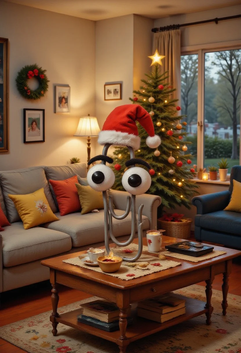 christmas living room, clippy wearing a Santa hat