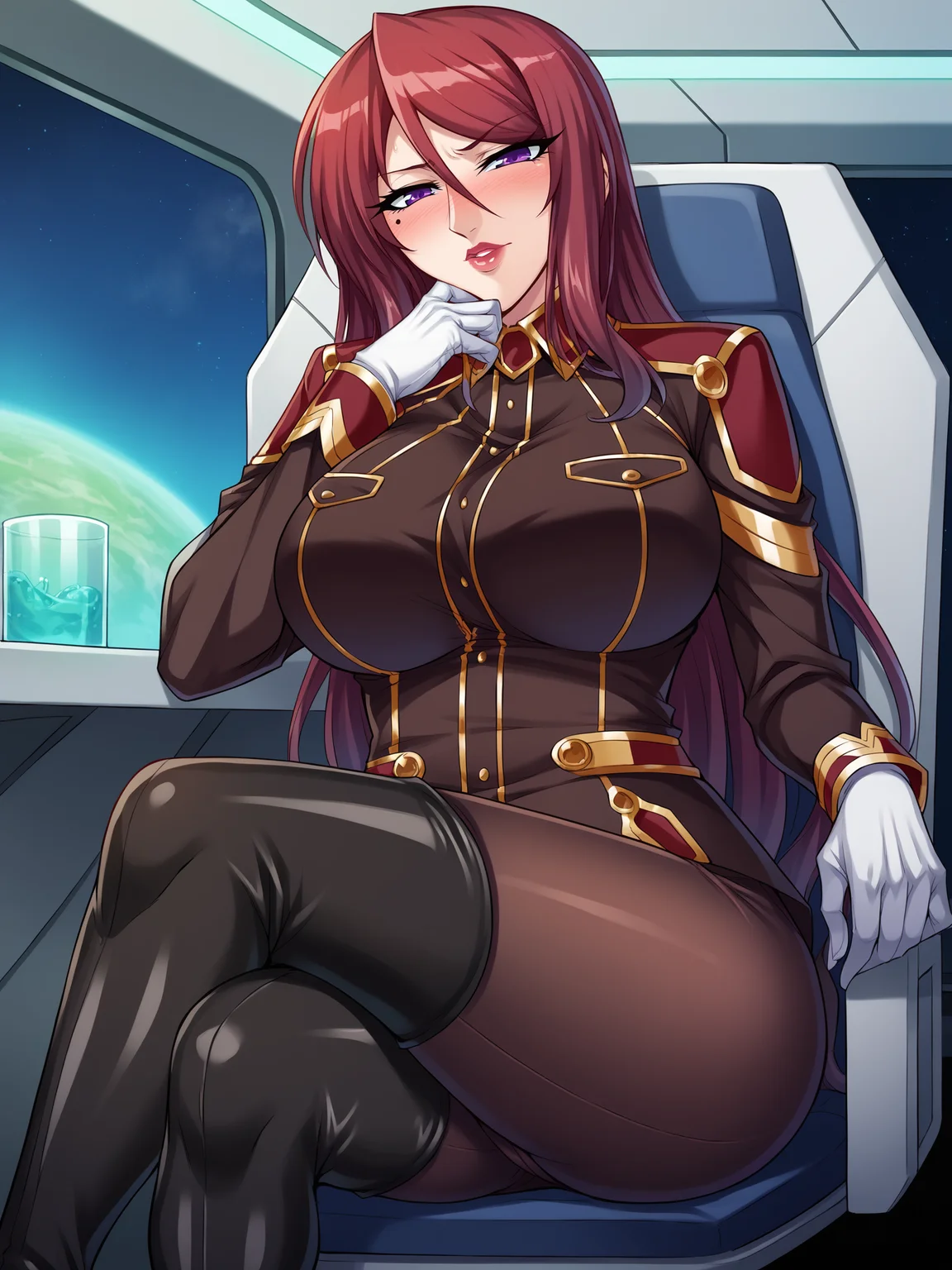 score_9, score_8_up, score_7_up, score_6_up, uncensored, BREAK,
beatrice kushan is sitting on arm chair, boss's chair, crossed legs, hand on own chin, head rest, clenched hand,
1girl, mature female, solo,
looking at viewer, determined, blush, parted lips,
long hair, purple eyes, lipstick, lips, (mole under eye:0.9),
military uniform, brown pants, thigh boots, white gloves,
curvy, large breasts, thighs,
indoors, spacecraft,
<lora:Beatrice Kushan3216PDXL:1>