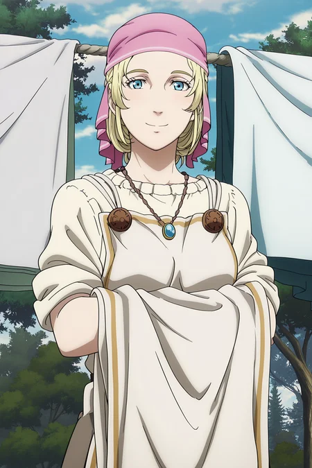 masterpiece, best quality, detailed background, detailed face, anime screencap, official style,
outside, trees,
<lora:Arnheid_Vinland_Saga_-_Illustrious:.9>
1girl, blonde hair, blue eyes, solo, necklace, apron, jewelry, laundry, bandana, clothesline, Arnheid flashback outfit, Arnheid (character), looking at the viewer, smile, cowboy shot