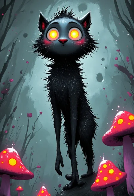 A whimsical illustration of a lanky black cat with spiky fur in dark whimsical art style, perching among crimson and turquoise glowing toadstools, digital painting with expressive brushstrokes showing textured fur, misty forest background, characteristic Tim Burton inspired design with luminous amber eyes