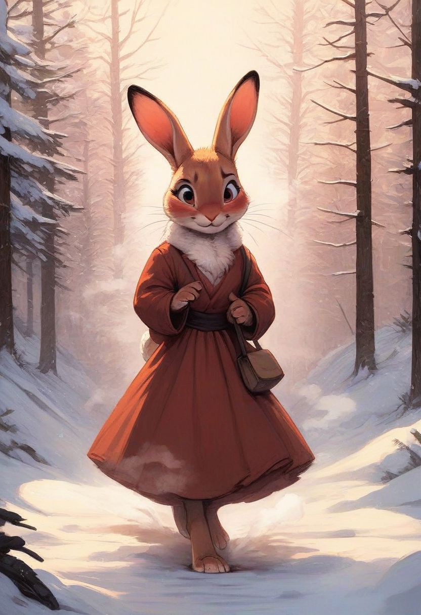 score_9, score_8_up, score_8, solo, (fluffy:0.5), (feral), outdoors, toes, furry, (((rabbit))), female, chest, claws, (fluffy cheeks:0.5), (dress), in the style of beatrix potter, (solo:2), walking in a forest, snow, winter, (steam:2), nervous expression, embarrassed expression,