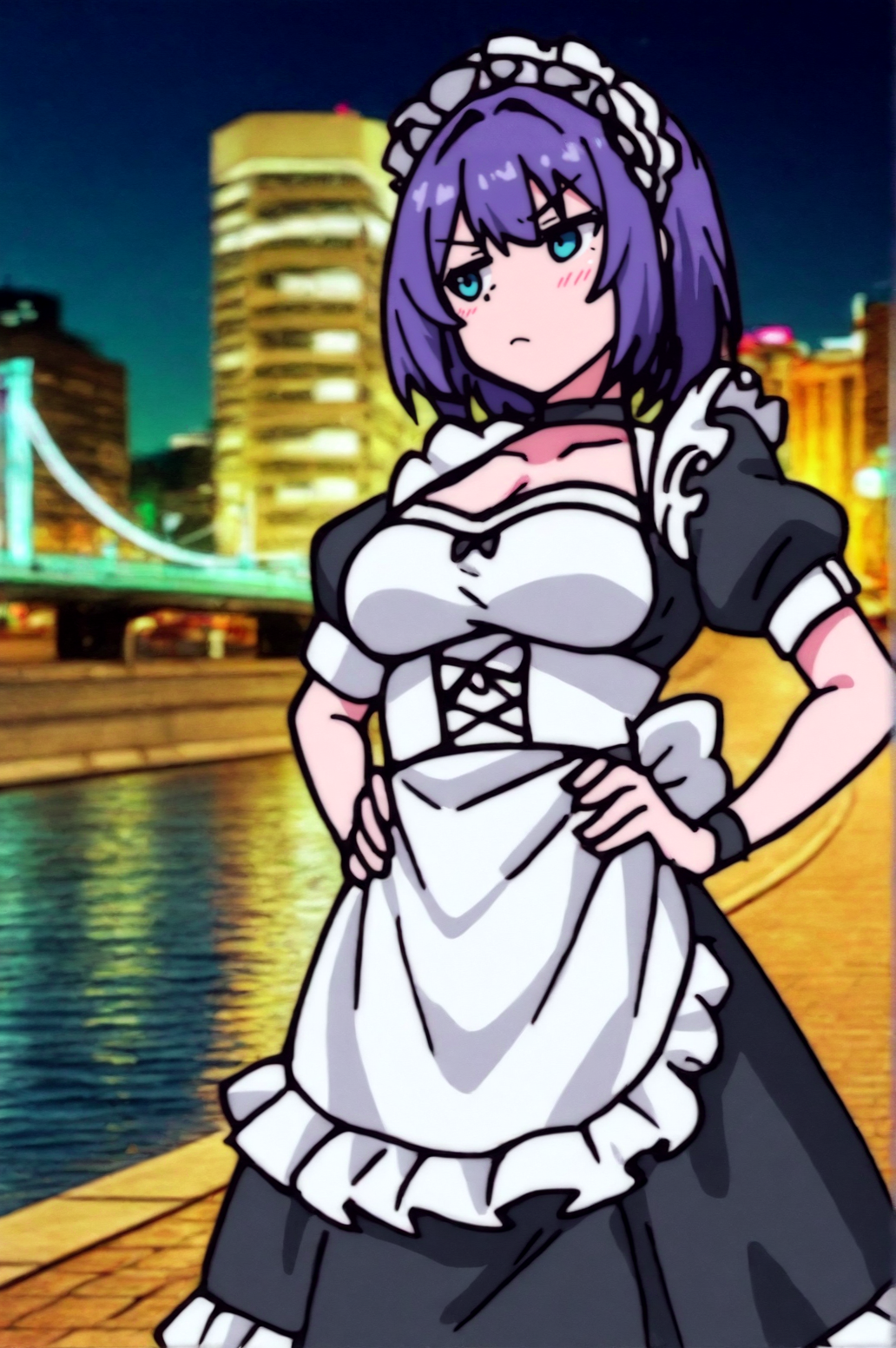 newest, masterpiece, best quality, simple background, blurry background, very aesthetic, mixed media, photo background, very awa, perfect composition BREAK outdoors, bridge, river, city lights, night, cityscape, BREAK  solo, zenless zone zero, kaede, maid costume, full_body, standing, hands on hips, tsundere,   <lora:JN_Kaede_Illus:0.8>