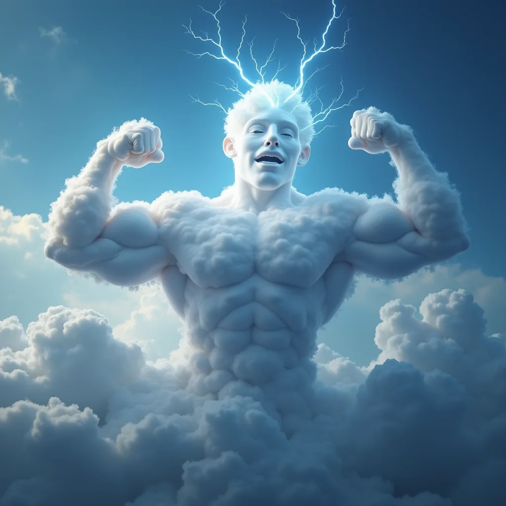 Create a picture of a group of bodybuilder clouds flexing their cumulus muscles, with lightning bolt veins and rain drop sweat, photo realistic, 4k