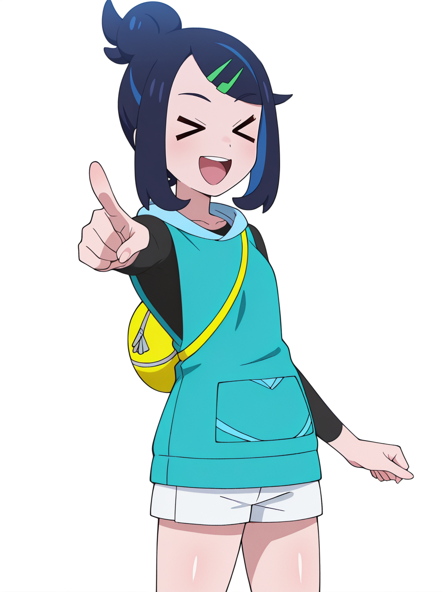 masterpiece, best quality, amazing quality, very aesthetic, absurdres, newest,shiny skin, anime screenshot, anime coloring,<lora:likoV2:1>likomegavoltage, long sleeves, 1girl, hair ornament, , blue eyes, black hair, smile, bag, shorts, single hair bun, blue hair looking at viewer, white_shorts <lora:hotarueye_xl_comic01_v20_ill:1> standing,  upper body,  open mouth, laugh pointing at viewer, simple background,  white background,