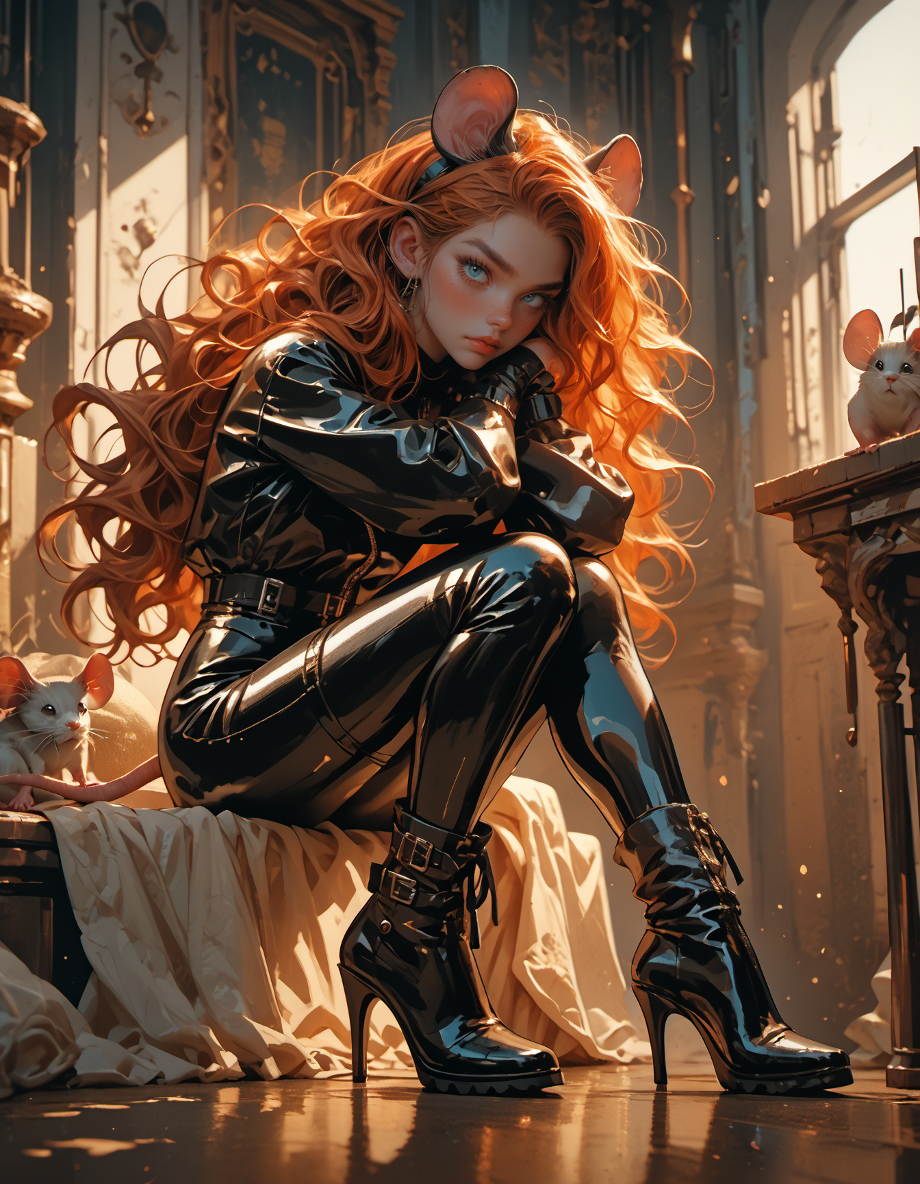 score_9, score_8_up, score_7_up, score_6_up, score_5_up,  1girl, blue eyes, ginger hair, latex, mouse ears, sitting, high heel boots, wavy hair