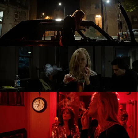 [MOVIE-SHOTS] A gritty urban tale unfolds, [SCENE-1] a woman leans toward the window of a sleek car parked under a flickering streetlight, her silhouette framed by the distant hum of the city, [SCENE-2] transitioning to her seated in a dimly lit hotel lounge, sipping a drink as her eyes dart to the clock on the wall, [SCENE-3] closing with her standing in an alley bathed in red neon light, her bold outfit shimmering as she exhales smoke, the distant buzz of voices echoing around her.