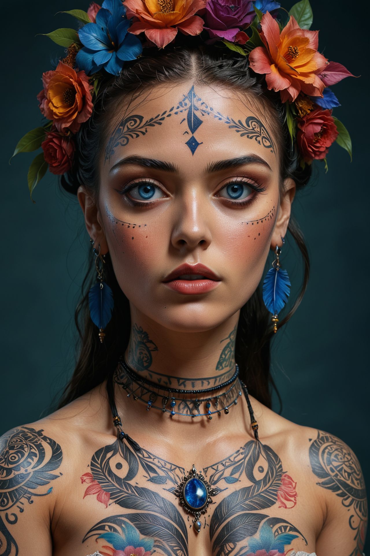 A stunning woman with flowing hair, intricate tribal tattoos, and piercing blue eyes, painted in the style of Frida Kahlo, vibrant colors, surreal elements, 8k, detailed. 
(masterpiece, award winning artwork)
many details, extreme detailed, full of details,
Wide range of colors, high Dynamic
 <lora:add-detail-xl:1> 
<lora:WildcardX-XL-Detail-Enhancer:0.9>
 <lora:zavy-cntrst-sdxl:0.245> dark, chiaroscuro, low-key 
<lora:RMSDXL_Creative:0.24> 
<lora:dvr-lnds-sdxl:0.22> dvr-lnds-sdxl