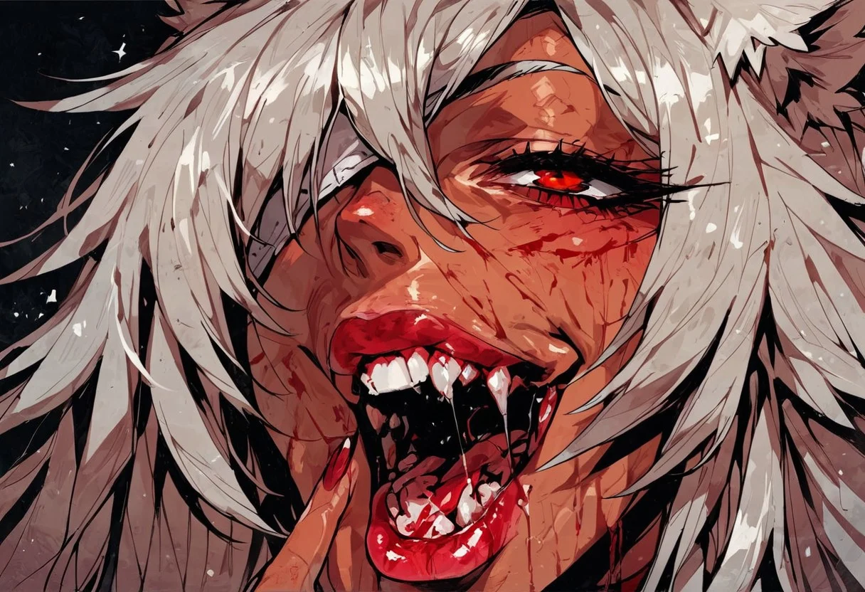 score_9, score_8_up, score_7_up, 1girl, black hair, solo, blood, red eyes, tongue, teeth, open mouth, long hair, blood on face, close-up, <lora:Fant5yP0ny:0.8>, ghislaine dedoldia, visible breast, pink gloss big bimbo lips, transparent saliva dripping, seductive look, holding her cheeks, super lovely, full head picture, wet eyeliner,