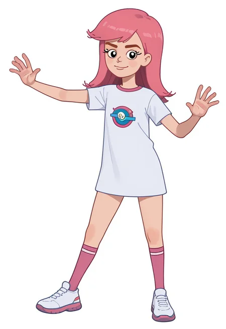 score_7, score_8, score_9, solo focus,  girl olya, 1girl, long hair, pink hair, bangs, snub nosed, black eyes, eyelashes, thin hands, pink kneesocks, white footwear,  standing  against viewer, posing, smug smile, white background, balancin pose, тгву