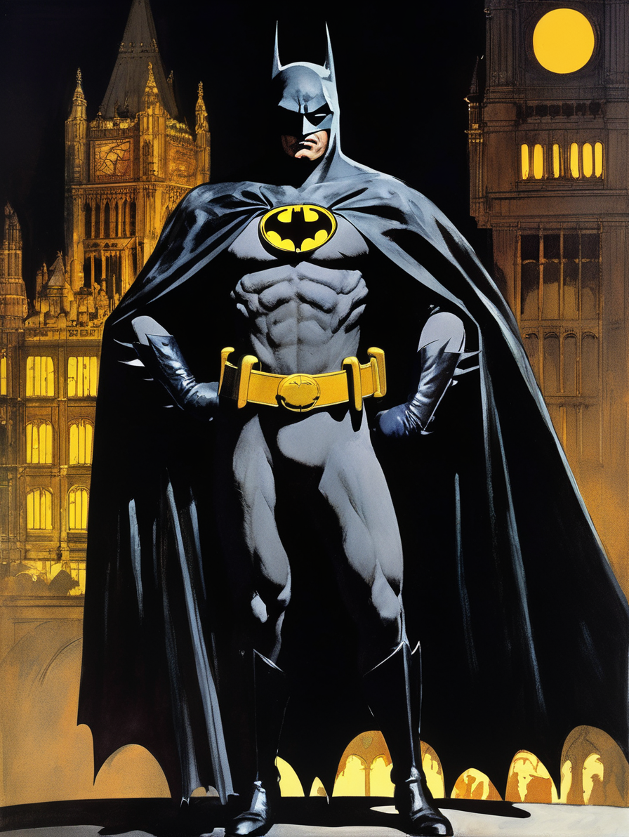 illustration of Batman by Robert McGinnis, Gothic London <lora:Batman89-000003:0.5>, dark background, movie poster