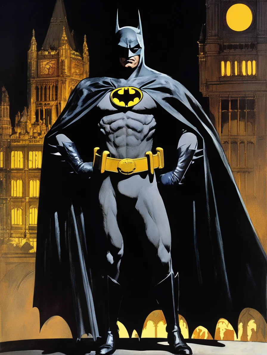 illustration of Batman by Robert McGinnis, Gothic London <lora:Batman89-000003:0.5>, dark background, movie poster
