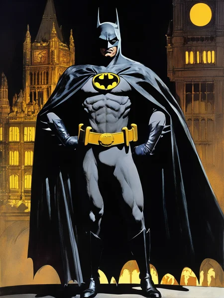 illustration of Batman by Robert McGinnis, Gothic London <lora:Batman89-000003:0.5>, dark background, movie poster