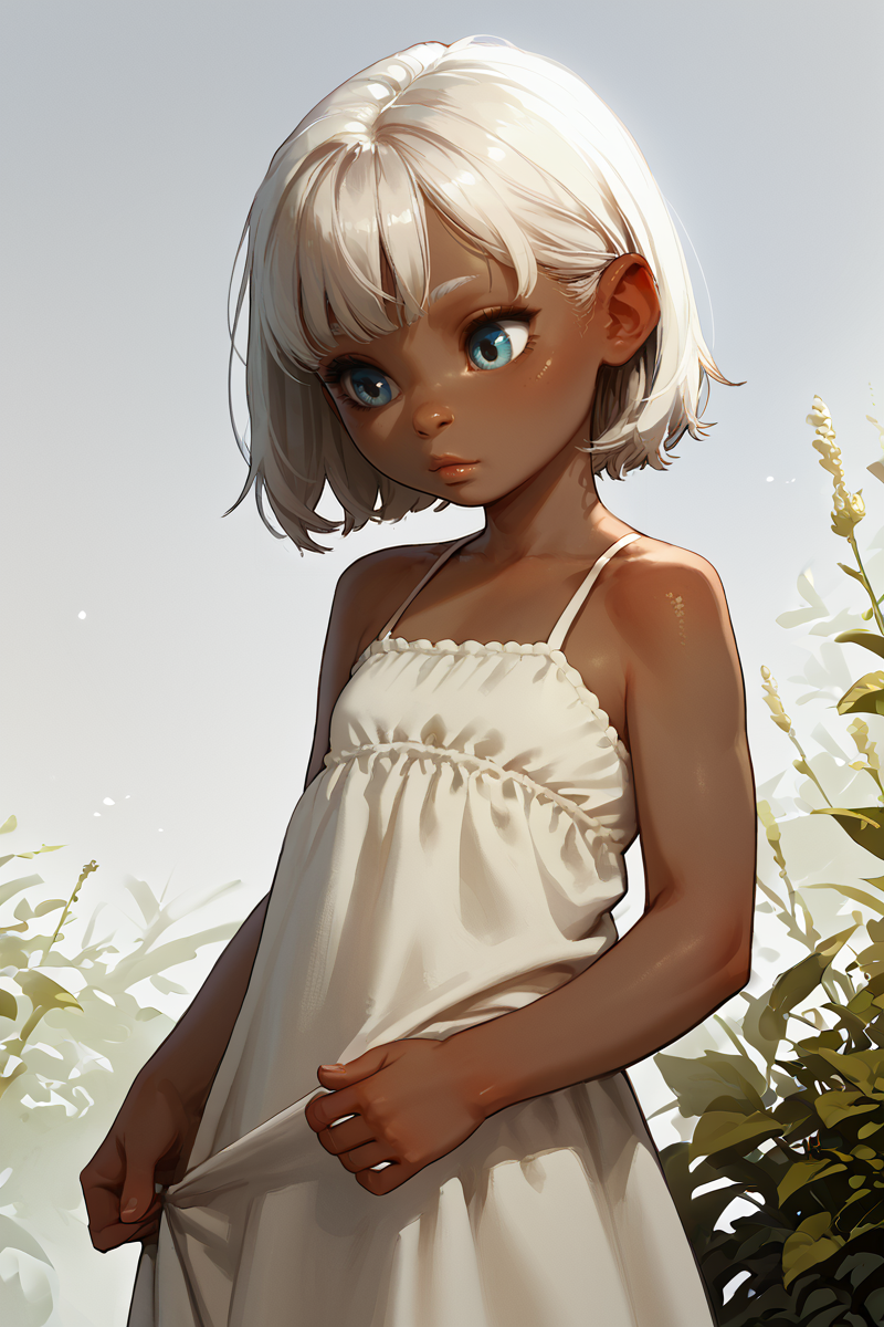 score_9,score_8_up,score_7_up,score_6_up,score_5_up,score_4_up,rating_safe,
1girl, solo, incasestyle, female child, young, small, petite, white hair, dark skin, blue, flat chest,
 <lora:Expressive_H:1>
 <lora:Incase_PDXLV1:0.8>
 <lora:age_slider_v4:-4>