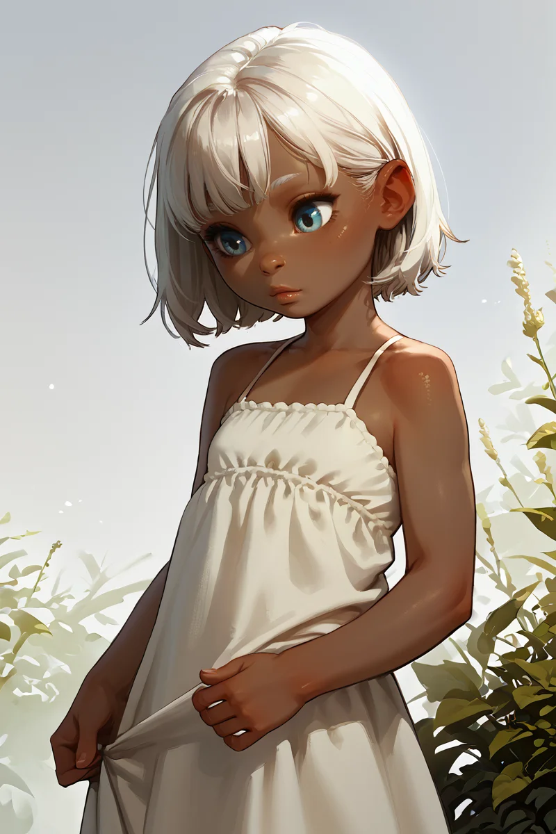 score_9,score_8_up,score_7_up,score_6_up,score_5_up,score_4_up,rating_safe,
1girl, solo, incasestyle, female child, young, small, petite, white hair, dark skin, blue, flat chest,
<lora:Expressive_H:1>
<lora:Incase_PDXLV1:0.8>
<lora:age_slider_v4:-4>