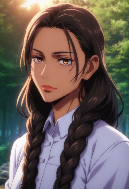 score_9, score_8_up, score_7_up, source_anime, intricate details, anime screencap, perfect balance, official art, extremely detailed CG unity 8k wallpaper, perfect lighting, Colorful, Warm_Front_face_Lighting, (masterpiece:1.0),(best_quality:1.0), ultra high res,4K,ultra-detailed, photography, 8K, HDR, highres, absurdres:1.2, Kodak portra 400, blurry background, bokeh, lens flare, (Anime) (vibrant_color:1.2), professional photograph, night, (good_face:1.2), 2d, anime, upper body, intricate iris, American, Professional character design, 1girl, female focus, (Orange amber eyes), perfect eyes, (black-hair), tanned skin, dark skin, Native American, Indigenous, American Indian, Tribal, feathers, Tribal_braids, Decorated_braids, white dress shirt, bolo tie, black_leather_jacket, Black-Western-Fringe-Jacket, youthful, feminine, solo, jujutsu_kaisen_style, character portrait, (perfect-lighting, lens flare), face, torso, (Friendly), young, (redwood forest, nature), (Dark-black-hair), Long hair, Wild hair, feathered hair, tanned skin, Native American, Indigenous, American Indian, Tribal, feathers, Tribal_braids, Decorated_braids, Feathers-in-braids, white dress shirt, (bolo-tie), Black-Leather-Fringed Jacket, (Black-Fringed-Jacket), wild, animalistic, energetic, hyper, North American, Shimmering-Eyes, Admiration, Pride, (Red, Orange, Yellow, Black) almond-shaped eyes, high cheekbones, strong jawline