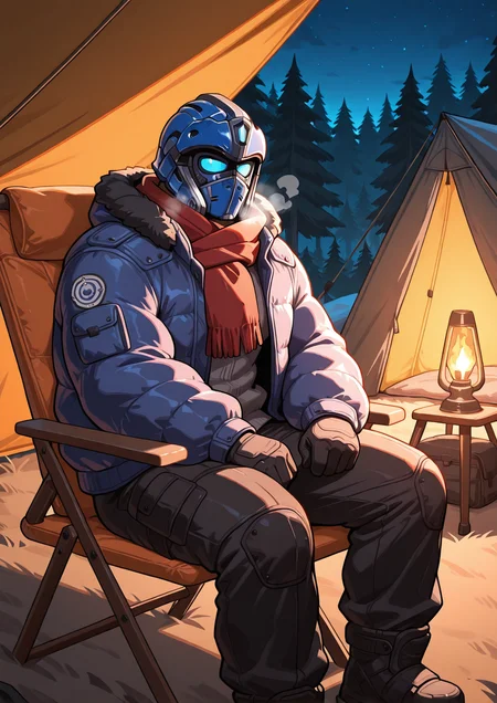 <lora:Clayton_Carmine_IL:0.99> 1boy, mature male, solo, male focus,  clayton_carmine, helmet, muscular, bara, hairy, winter jacket, puffy jacket, black long pants, dark skin, scarf, winter gloves, breath, bedroom, night, sitting on camping chair, tent, lamp, midnight, torch, forest