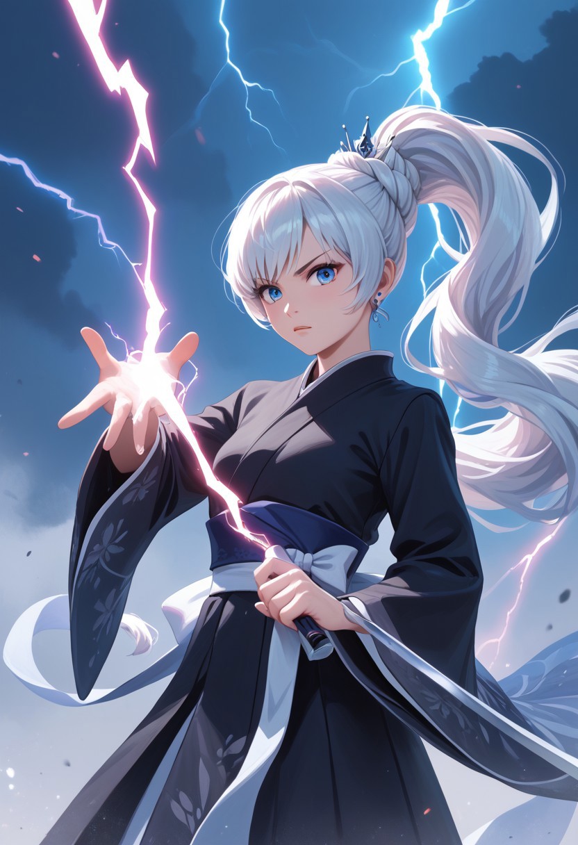 score_9, score_8_up, score_7_up, high res image, masterpiece, best quality, beautiful eyes, perfect eyes, beautiful hands, perfect hands,
 Weiss Schnee, Weiss Schnee, long hair, ponytail, white hair, blue eyes, small breasts, mature body,  wearing a fancy black Japanese kimono, angry expression, Battle Stance, one arm forward one arm back, slightly crouched, holding a blade of lightning, black kimono, grabbing lightning, (red lightning), 
Jagged Mountains background, black and purple swirling colors in background, realistic lighting 3D, anime, art by michellekuku