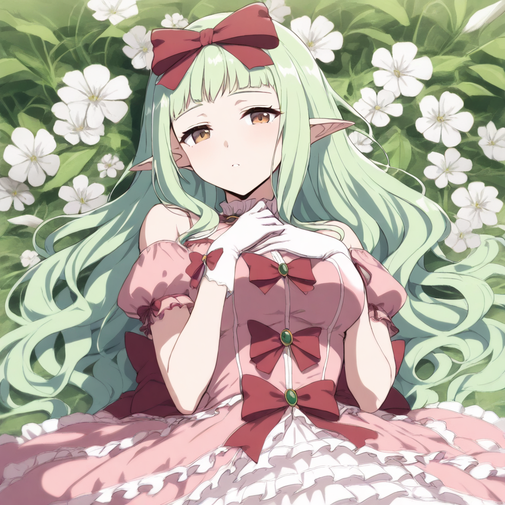 masterpiece,high score,great score,absurdres,solo,looking at viewer,dress,<lora:Flora ag4o v1:1> flora, green hair, long hair, pointy ears, brown eyes,