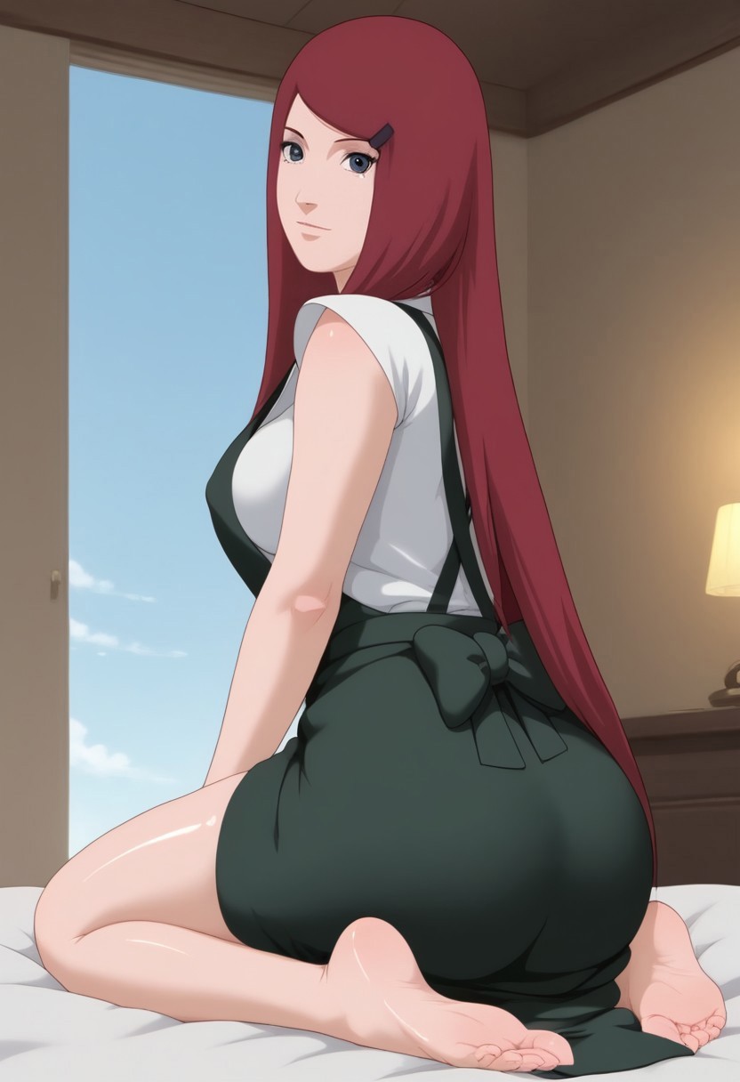 ((perfect face, perfect eyes, perfect anatomy)), female: Kushina Uzumaki, red hair, hairclip, blue eyes, swept bangs, voluptuous, curvy body, toned body, thick thighs, wide hips, seductive, 1girl, solo,green dress, white shirt, short sleeves, apron,green apron,sitting, view from behind,silhouette of butt visible through clothes,tight clothes, tightness on butt, pantie line, long skirt covering butt, detailed feet, detailed butt,shiny skin, butt focus, ass cheeks, bubble butt, detailed butt,sitting kneeling, extreme angle,looking over shoulder, posing, (wide hips:1.1),in love with viewer, looking back at viewer,wide hips, bubble butt, mature, ass view, ass focus,meaty ass, toned legs, big ass, wide hips, toned thighs, dynamic angle, source_anime, high quality detailed, very aesthetic, perfect hands, perfect anatomy,dynamic pose, full body visible, full growth, erotic pose, anime coloring, anime screenshot, clean contours, realistic,mature,medium breasts,cleavage,very long hair,mature woman, beautiful face, sexually suggestive, sexy, adult, milf, score_9, score_8_up, score_7_up, realistic, solo, medium saggy breasts, skindentation, bed room_background, detailed hands, score_9, score_8_up, score_7_up, score_6_up, rating_explicit, nsfw, very detailed, highly detailed texture, (highly detailed face, (perfect face, perfect eyes)), depth of field, perfect soft lighting, best shadows, perfect reflections, volumetric, detailed image, high resolution, 5k resolution:1.0,perfect eyes,