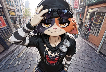 masterpiece, best quality, newest, absurdres, highres, furry, perfect anatomy, mxcaoxzz, multicolored_fur, striped sleeves, black hoodie with graphic, fish bone jewelry, tuna cans strap, denim, ripped jeans, fish bone keychain, sunglasses, eyewear, sunglasses on eyes, feline, cat, anthro, female, flat chest, solo, solo focus, looking at viewer, standing, smug, smiling, city, streets, sidewalk, sunlight, headshot, hand on head, shocker gesture, shocker, thumb and ring fingers down, middle index and pinky fingers up, 5 fingers, palm out, shockr, wiping sweat,
