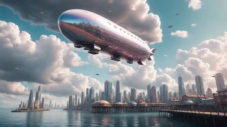 a pearlescent futuristic airy city in the sky with clouds surrounding it,a cinematic photograph of a blimp docking at a pier,sky city,elaborate,high quality art,illustration,3D Render,Octane 3D Render,Trending on ArtStation,dramatic lighting,colorful city,