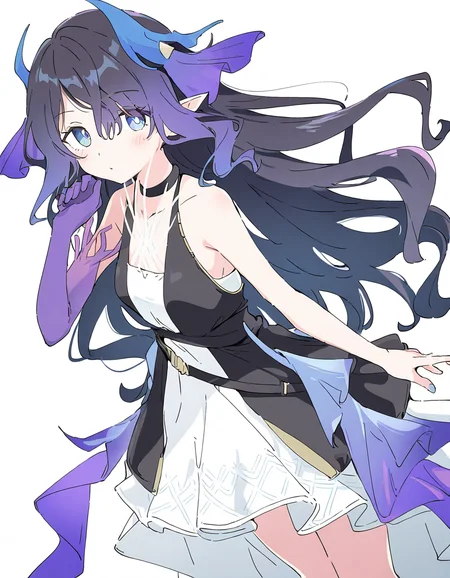 1girl,solo,looking at viewer,simple background,white background,cowboy shot,highmore,single glove,purple gloves,<lora:highmore-000010:1>,, masterpiece, best quality, very aesthetic, absurdres,newest, incredibly absurdres,, (Ixy:0.6)),(hiten \(hitenkei\):0.7),