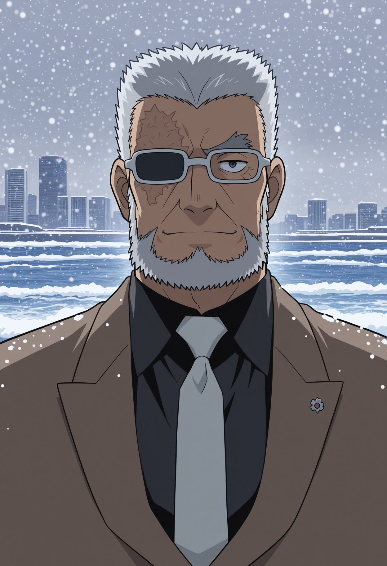 lazypos, 1boy, portrait, ocean, snowing, cityscape, looking at viewer, facing viewer,
<lora:Kuroda_Hyoue_from_Detective_Conan_v1.0:1> pectorals,
kurodahyoue, mature male, grey hair, long sideburns, thick beard, scar on face, burn scar, thick eyebrows, forked eyebrows, glasses, partially opaque glasses, single eyebrow,
brown suit, black shirt, collared shirt, white necktie, lapel pin, black footwear