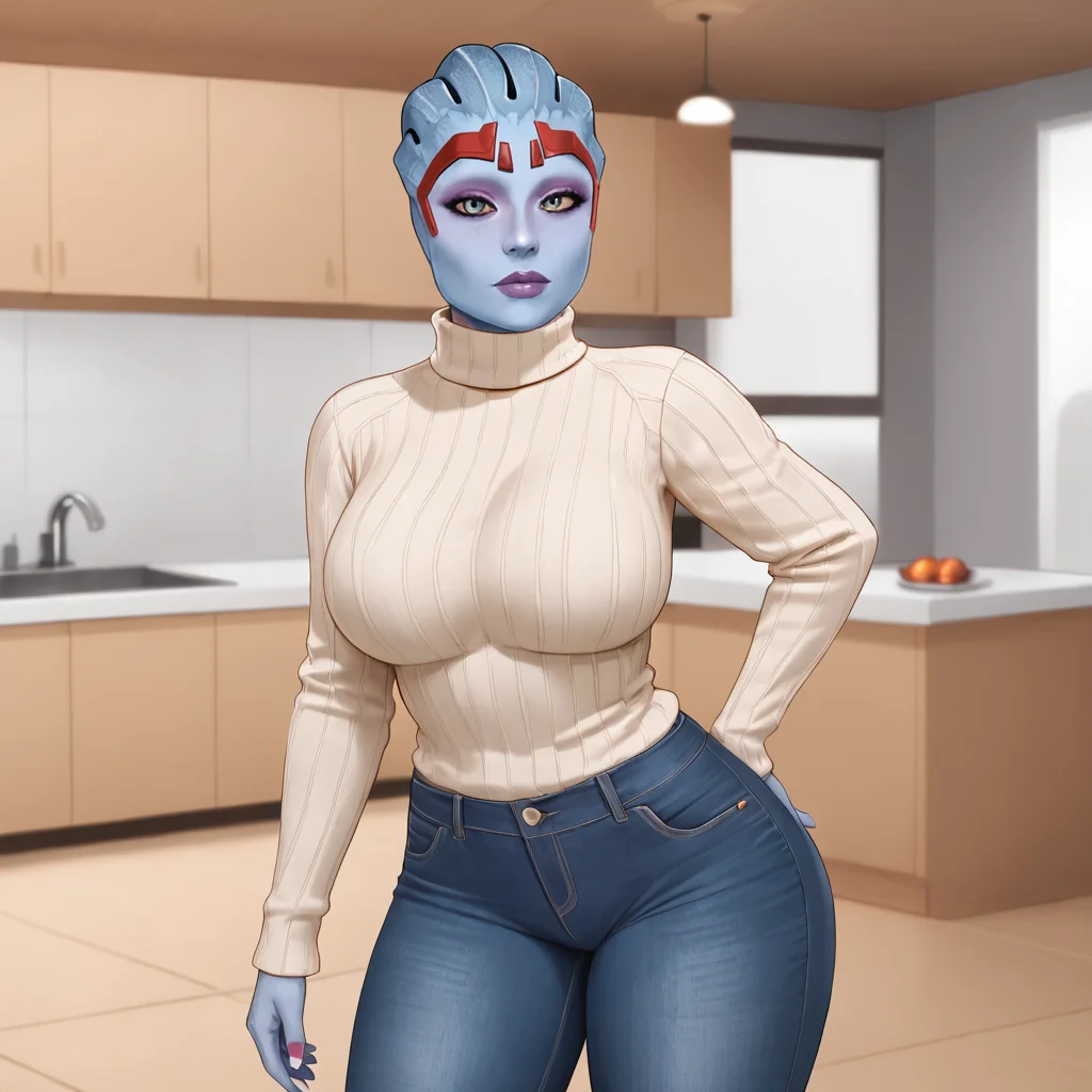 <lora:SamaraMassEffect2_pony_v1:.8>  SamaraMassEffect, 1girl, solo, alien, large breasts,  colored skin,  thick thighs, curvy,  colored sclera, cowboy shot, sweater, jeans