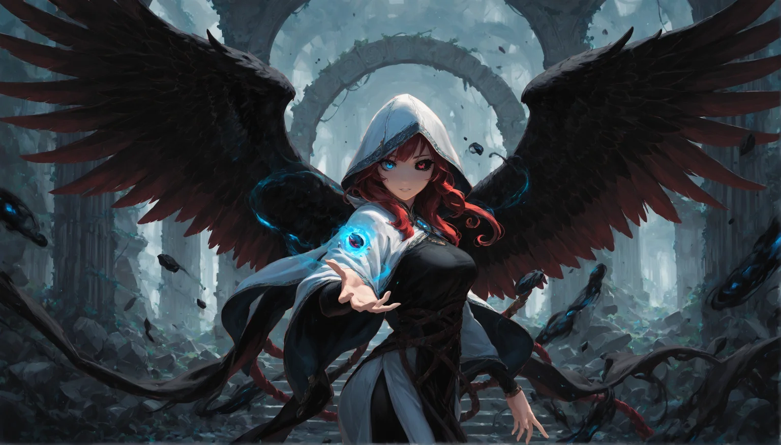 masterpiece, best quality, amazing quality, klskx, (nsfw, explicit:0.7), side view, 3/4 turned face, looking at viewer, 1girl, solo, red hair, long hair, detailed eyes, multicolored eyes, heterochromia, black sclera, red eyes, blue eyes, eyebrows, eyelashes, hooded cloak, decorated clothes, black feathered wings, big wings, standing before portal, (glowing portal:1.2), hand reaching out, swirling magic energy, ancient stone archway, runic symbols, dark ruins, intricate details, (blurry background, depth of field, bokeh:0.9) <lora:klskx_wai:0.9> <lora:spo_sdxl_10ep_4k-data_lora_webui:2.0>