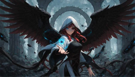 masterpiece, best quality, amazing quality, klskx, (nsfw, explicit:0.7), side view, 3/4 turned face, looking at viewer, 1girl, solo, red hair, long hair, detailed eyes, multicolored eyes, heterochromia, black sclera, red eyes, blue eyes, eyebrows, eyelashes, hooded cloak, decorated clothes, black feathered wings, big wings, standing before portal, (glowing portal:1.2), hand reaching out, swirling magic energy, ancient stone archway, runic symbols, dark ruins, intricate details, (blurry background, depth of field, bokeh:0.9) <lora:klskx_wai:0.9> <lora:spo_sdxl_10ep_4k-data_lora_webui:2.0>