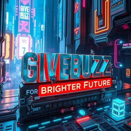 Create a highly detailed futuristic scene showcasing the phrase 'Give Buzz for Brighter Future' in bold, glowing letters with a high-tech, embossed design. The text appears as if it is made from a combination of neon and metal, reflecting ambient lights. Surround the text with a cyberpunk-inspired environment featuring sleek, glowing circuitry, holographic elements, and a cityscape filled with vibrant lights and advanced technology. The setting emphasizes innovation and energy, with an overall luminous and dynamic atmosphere that symbolizes a brighter future. There's a bunch of robots fixing the letters.