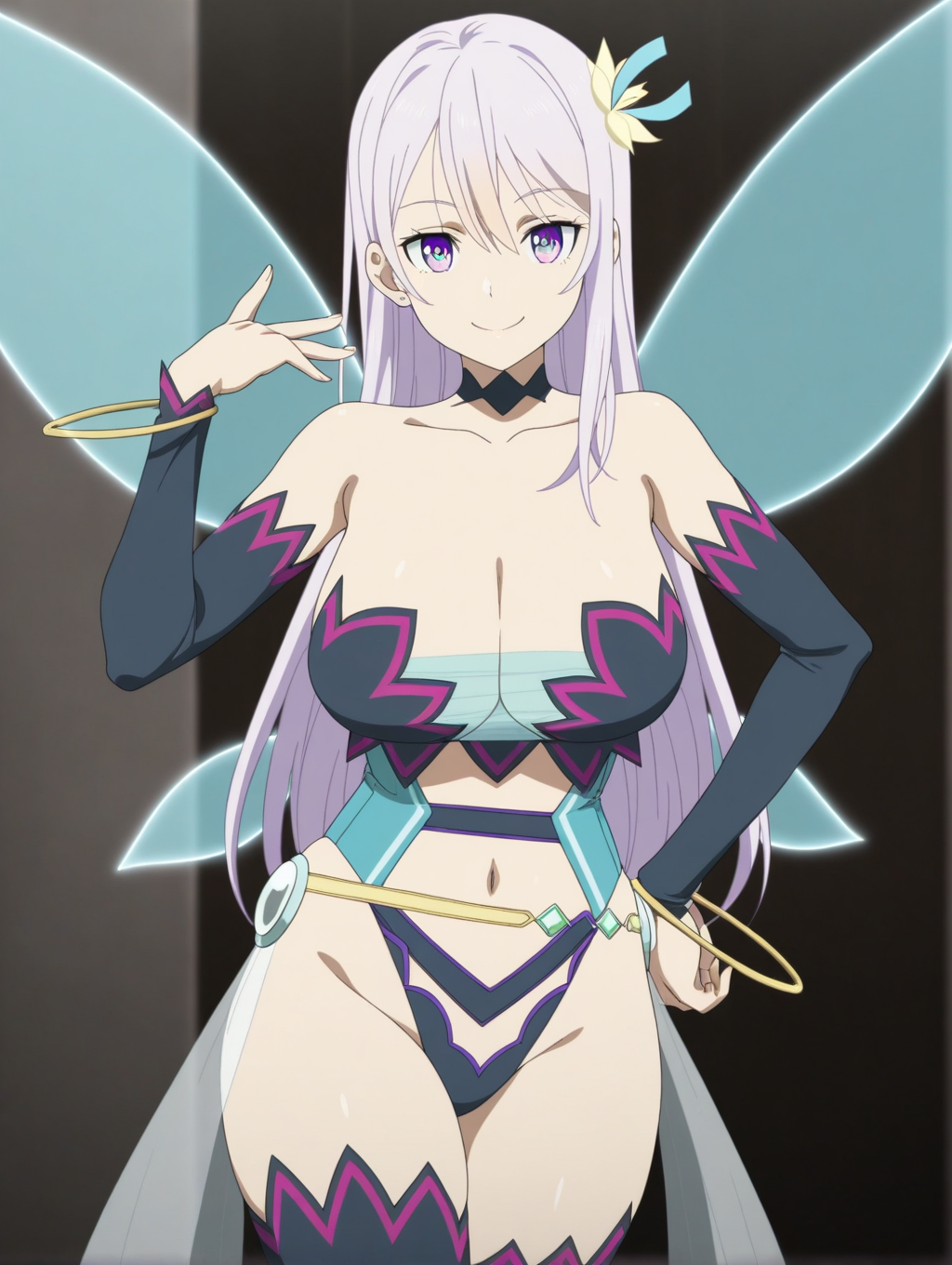 masterpiece, best quality, amazing quality, intricate detail, detailed, anime coloring, 1girl, solo, cowboy shot, 
<lora:Reona_FullDive_LW:0.8>, Reona_Game, long hair, hair ornament, purple eyes, choker, 
fairy wings, bare shoulders, cleavage, large breasts, black thighhighs, detached sleeves, navel, collarbone, smile, looking at viewer, one hand on hip, one hand up