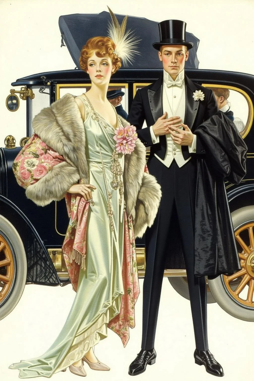 jcleyen1 painting.
A couple in formal attire standing in front of a classic car from the 1920s. The woman on the left is dressed in an elegant, floor-length gown with a light, airy texture. Her gown is a soft white color with intricate lace detailing and features a long train. She wears a luxurious fur stole draped over her shoulders, adorned with a delicate floral pattern. Her hair is styled in a sophisticated updo with feathers and flowers. <lora:jcleyen1_cap_d6a3e11:1.0><lora:824043609788613423:0>