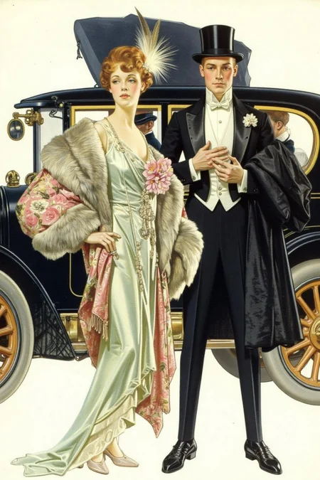 jcleyen1 painting.
A couple in formal attire standing in front of a classic car from the 1920s. The woman on the left is dressed in an elegant, floor-length gown with a light, airy texture. Her gown is a soft white color with intricate lace detailing and features a long train. She wears a luxurious fur stole draped over her shoulders, adorned with a delicate floral pattern. Her hair is styled in a sophisticated updo with feathers and flowers. <lora:jcleyen1_cap_d6a3e11:1.0><lora:824043609788613423:0>