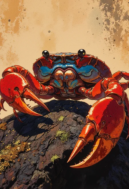 transparency, reflections, Roger Dean, Rodney Matthews,, Front view. Close-up. close-up photo captures a vibrant Sally Lightfoot crab (Grapsus grapsus) perched on a sun-warmed volcanic rock. Its vivid carapace displays intense hues of crimson, orange, and electric blue with razor-sharp clarity, each leg joint and scale rendered in stunning precision. The crab’s eyes glisten like dark glass beads, catching ambient light with crystalline brilliance. Fine grains of sand and salt cling to its legs and underbelly, emphasizing scale and realism. The textured rock beneath it is captured in rich, high-contrast detail, with rough, pitted surfaces, tiny moss patches, and shimmering droplets that suggest a recent tide. A shallow depth of field creates a creamy, soft blur in the background, amplifying the razor-sharp focus on the crab’s anatomy. Every nuance of the shell’s iridescence, each ridge and reflective surface, is illuminated to reveal a moment of perfect coastal life in breathtaking, museum-grade clarity., while her parted lips and intense eyes hint at fierce determination. Chiaroscuro lighting dramatizes her figure, emphasizing light across her cheekbones and shadows beneath the curve of her jaw. The sepia-tinged abstract background swirls with soft ink gradients and faint, symbolic textures, evoking movement, emotion, and pride,
ball room, moaning,
sun light, cinematic lighting,,
,BREAK (((low angle, angle from below))), size difference,.
(Depth of field), low saturation,detail. mythp0rt Stylish, charismatic.,
Dramatic painting in the style of Caravaggio and Rembrandt, with striking chiaroscuro and exceptional detail.. (Depth of field).. . masterpiece, best quality, medium-format camera, high-contrast, dramatic lighting, striking composition, The overall composition feels cinematic. mythp0rt., Alexis (Depth of field),detail. mythp0rt, Stylish, charismatic. mythp0rt,, charismatic.c. . .
An otherworldly atmosphere.
(Depth of field), low saturation,detail. mythp0rt Stylish, charismatic. ,.
masterpiece, ,KNRm, embedding:SD15\charturnerv2, CPA,
An otherworldly atmosphere.
(Depth of field), low saturation,detail. mythp0rt Stylish, charismatic. ,.