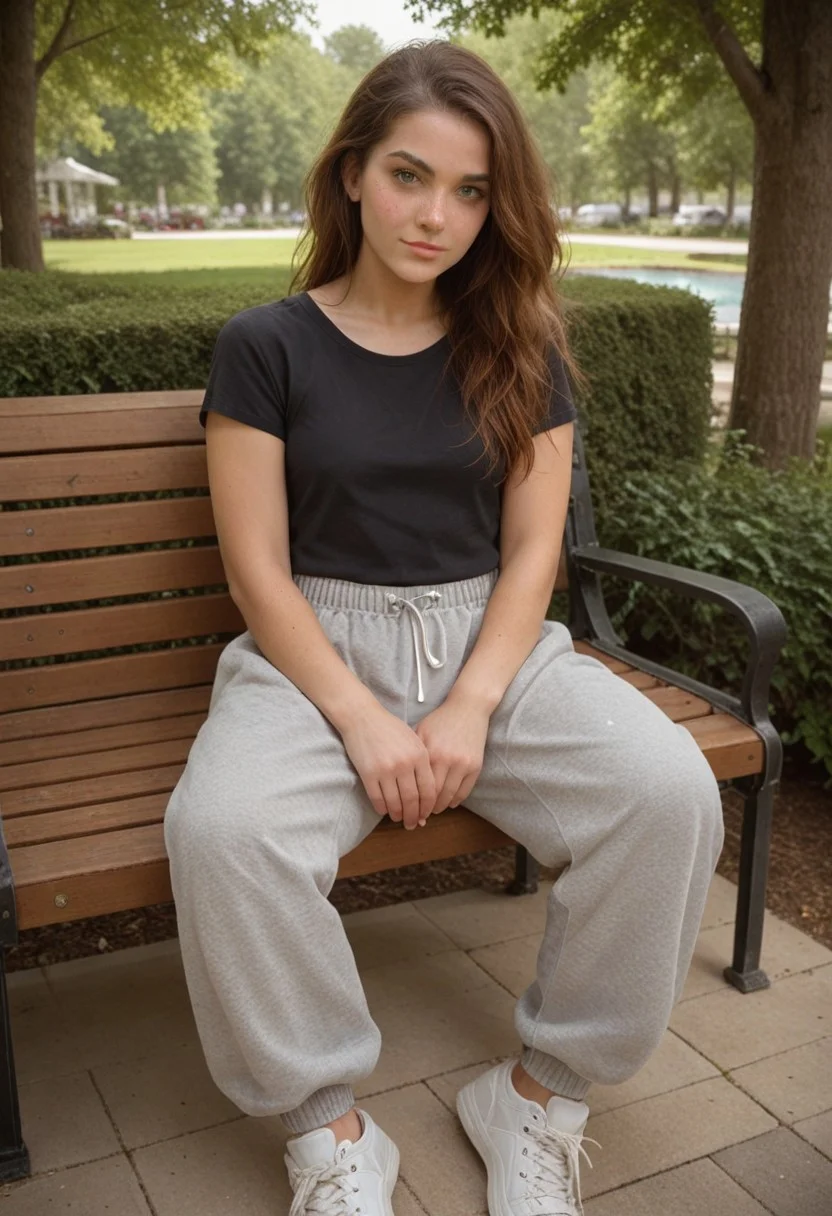 score_9, score_8_up, score_8_up, (photorealistic, real photo), (1woman), sexy, flirty, cute face, highly detailed face, god rays, sharp outlining, high contrast, photorealistic, real photo, realistic, dramatic light, green eyes, gentle wavy auburn hair, gorgeous brunette freckles across the nose, a small scar on her left cheek, small saggy breasts, large butt, baggy sweatpants, grey pants, white sneakers, black t-shirt, park, sitting on park bench, full body