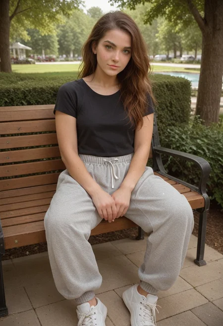 score_9, score_8_up, score_8_up, (photorealistic, real photo), (1woman), sexy, flirty, cute face, highly detailed face, god rays, sharp outlining, high contrast, photorealistic, real photo, realistic, dramatic light, green eyes, gentle wavy auburn hair, gorgeous brunette freckles across the nose, a small scar on her left cheek, small saggy breasts, large butt, baggy sweatpants, grey pants, white sneakers, black t-shirt, park, sitting on park bench, full body