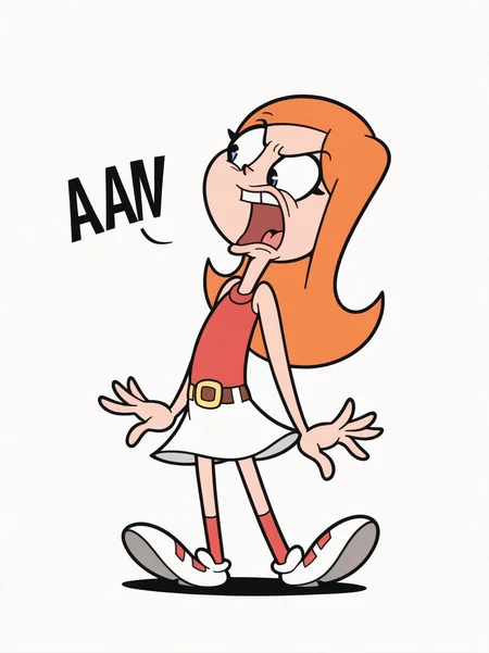 highres, hi res, best quality, masterpiece, RetroXL, toon \(style\), flat color, black eyes,,
1girl, (CandaceXL),, orange hair, blue eyes, long hair, sleeveless, red shirt, belt, white skirt, shoes, red socks,
, screaming, open mouth, sound effects, simple background, white background, solo, dynamic pose, full body, angry, from side, very expressive face, exaggerated pose, hands at side,
<lora:Candace-ILV1:0.8>,, <lora:RetroToonXL_Style-10-IL:1>