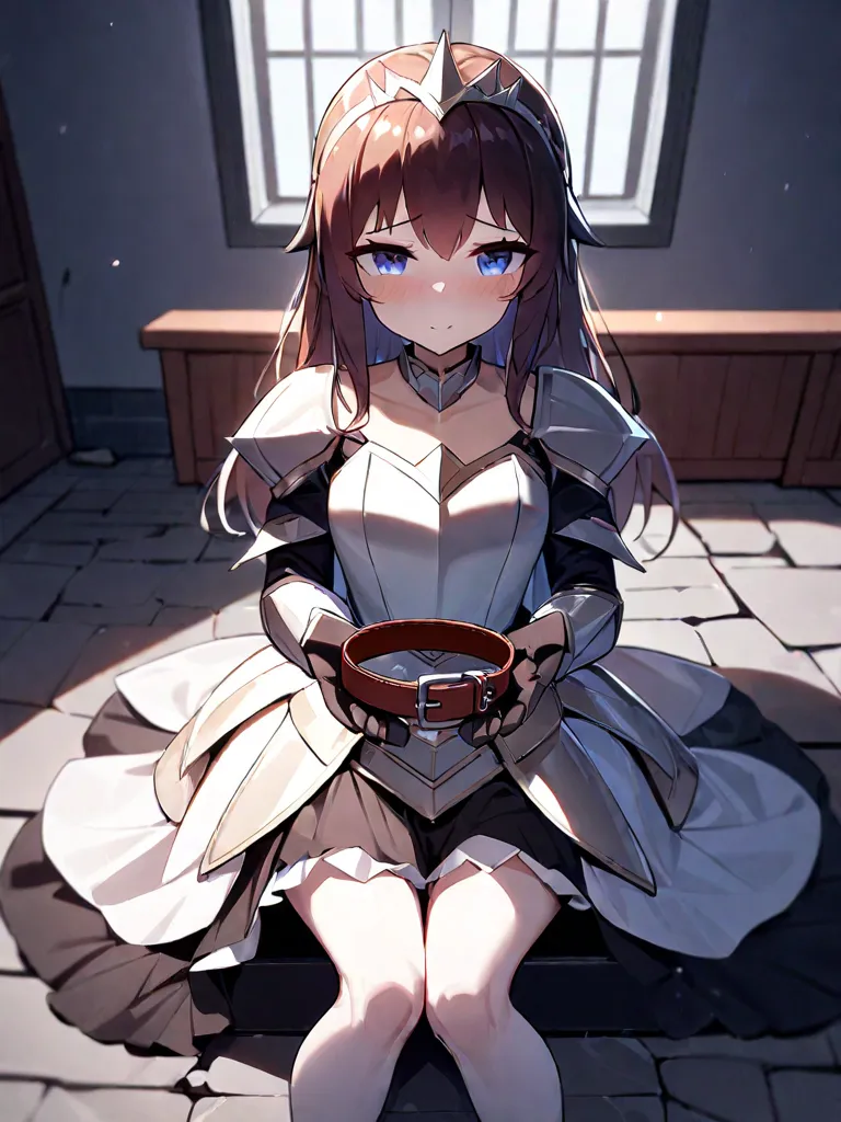 1girl, (collar on her palms), ( collar), (holding collar),
in prison, princess dress armor,
sitting on stone floor, (glare), broken Holy sword, 
looking at viewer,
sitting on sofa, in room
<lora:collar4u-v2:1>, masterpiece, best quality, very aesthetic, absurdres, latest