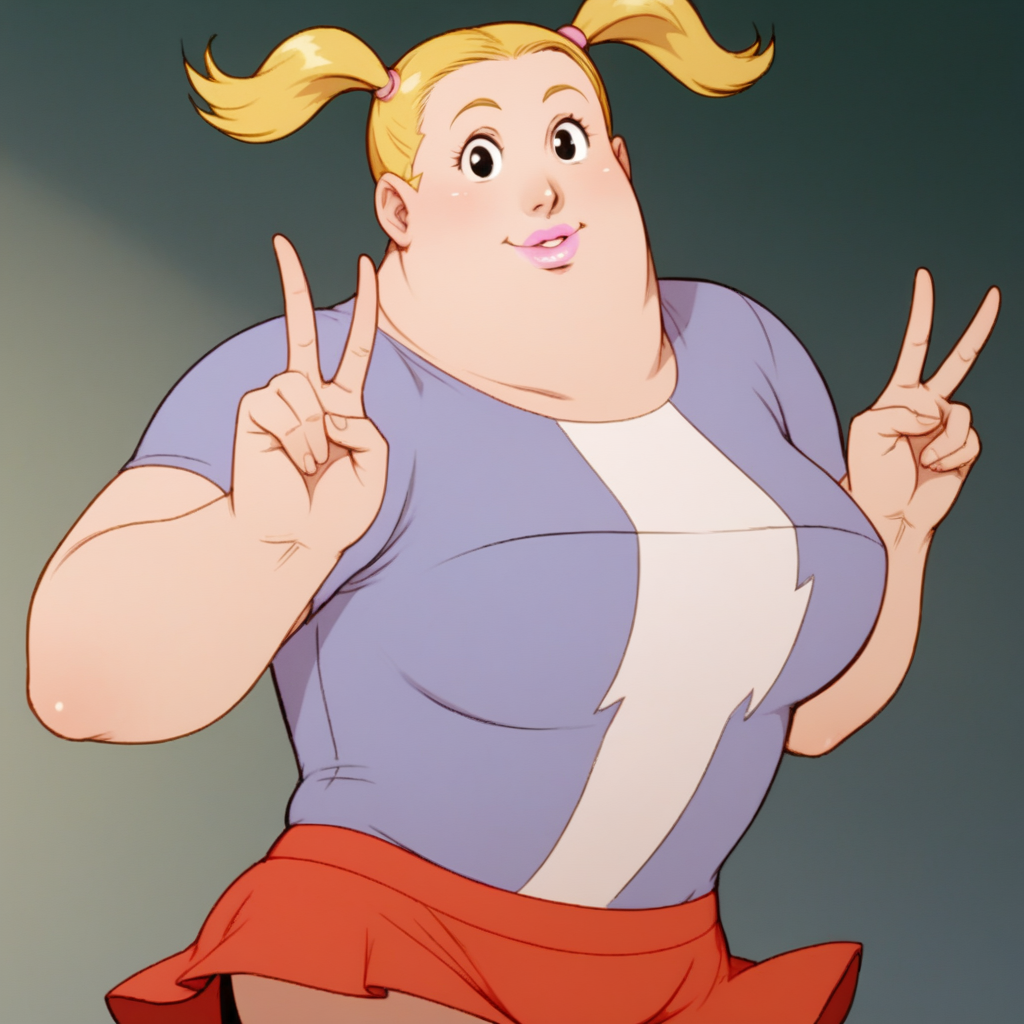 score_9_up, score_8_up, BREAK, Cindy, 1girl, solo, blonde hair, twintails, black eyes, pink lipstick, fat, shirt, skirt, <lora:Cindy_RockAndRule_PXL_Leaf2:1>, cowboy shot, double v,, looking at viewer,