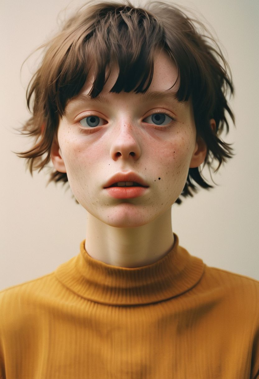 A photo Luce Doe, a 25 year old woman.  Short boyish hair, black hair. Posing in the studio. Soft studio lighting. 
Detailed, emotional face.
(detailed skin, pores, sweat, rosacea, blemishes, acne, freckles, imperfections, tan (moles-)), detailed eyes,
 style of Caravaggio.
Hasselblad, Kodak Ektar 100