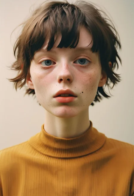 A photo Luce Doe, a 25 year old woman. Short boyish hair, black hair. Posing in the studio. Soft studio lighting.
Detailed, emotional face.
(detailed skin, pores, sweat, rosacea, blemishes, acne, freckles, imperfections, tan (moles-)), detailed eyes,
style of Caravaggio.
Hasselblad, Kodak Ektar 100