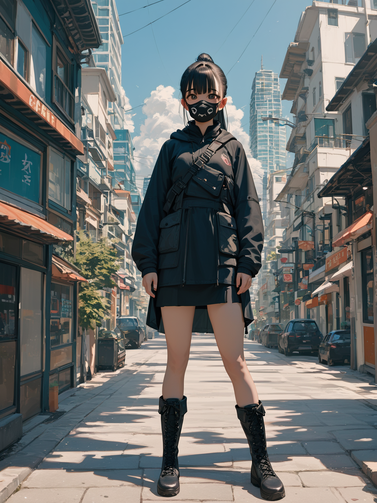 score_9, score_8_up, score_7_up, PDXL, <lora:sc3n3ryXLP:0.5>, <lora:TechwearV1:0.75> , techwear, dark clothing, full body, 
1girl, japanese, cute face, detailed eyes, long black hair in a ponytail, black facemask, knee high black boots, standing in the middle of a city