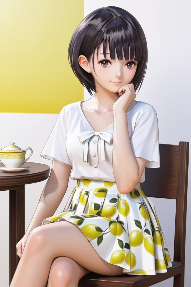 Shirai Hinako, lemon print skirt,casual outfit, 1girl, solo, looking at viewer, short hair, bangs, skirt, shirt, black hair, cafe background, closed mouth, sitting on the chair, table with sponge cake teapot and cup of tea, collarbone, crossing legs, white shirt, short sleeves, cowboy shot, pleated skirt, food, hand up, black eyes, gradient, gradient background, fruit, bob cut, white skirt, hand on own chin, lemon print skirt, <lora:Shirai_Hinako_Blue_Reflection_Pony:1> anime color, seductive smile, photorealistic,