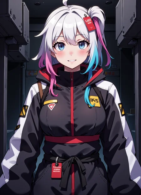 Flat colour anime style image showing an adult woman with rainbow hair wearing tight black and white techwear yukata with red tags and black and yellow warning stripes, large breasts. standing in an otherworldly black dimension