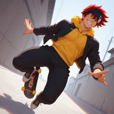 embedding:lazypos, ExpresHGothicNeonIncase, Masterpiece, Best Quality, male focus, score_9, score_8_up, score_7_up, solo, dynamic angle, dynamic lighting,
BREAK,
1boy, Reki Kyan, amber eyes, red hair, headband, full body, fit body, athletic, pecs, broad shoulders, black jacket over a yellow hoodie, black pants, performing kick flick with a skateboard,( in the air:1.1),
BREAK,
at day, outside, view from below, low angle, smiling, beaming smile