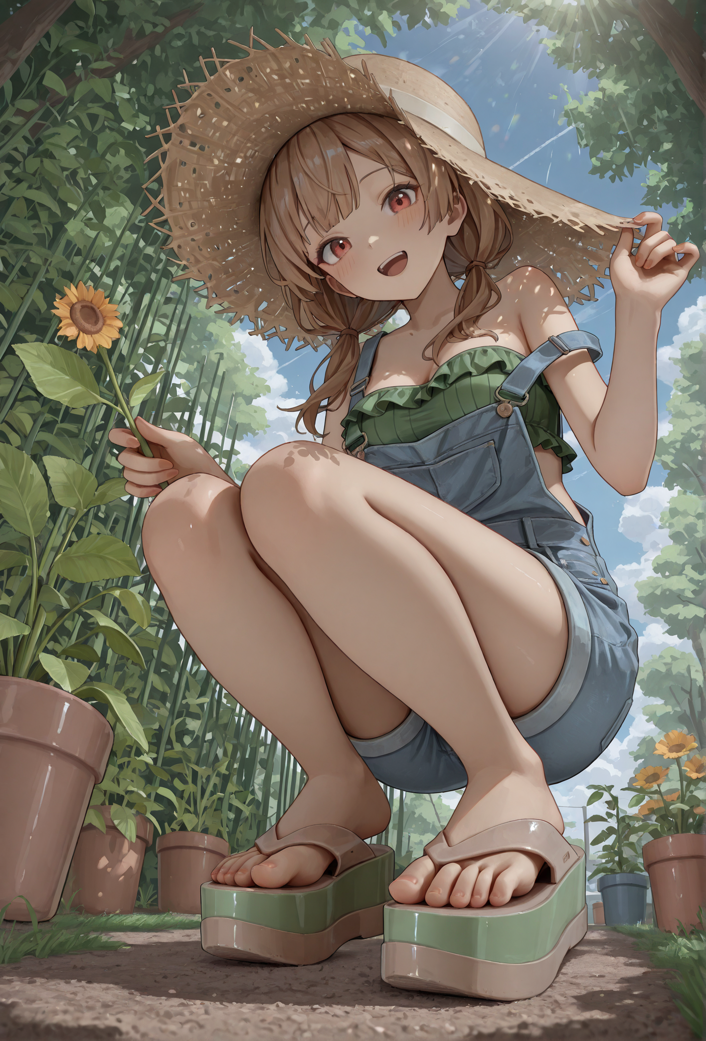 masterpiece, best quality, 
(mlsa flip flops), (platform footwear:1.2), green footwear,
low angle, foot focus,
1girl, 
squatting,
straw hat, gardening, outdoors, dappled sunlight,
short denim overalls, strap slip, green frilled bandeau top,
medium breasts, 
happy, cute face,